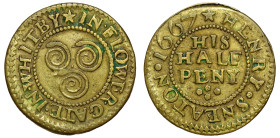 17th Century Token, Yorkshire, Whitby, Henry Sneaton, brass Halfpenny Token, 1667, detail with inner beaded circle surrounding, HIS / HALF / PENY, fou...