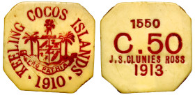 Australia, Keeling and Cocos Islands, plastic ivorine Fifty Cents, 1913, coat of arms centre with inscription KEELING COCOS ISLANDS around, series iss...