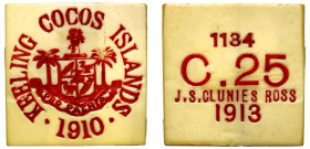 Australia, Keeling and Cocos Islands, plastic ivorine Twenty-Five Cents, 1913, coat of arms with inscription KEELING COCOS ISLANDS around, series issu...