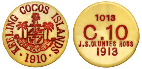 Australia, Keeling and Cocos Islands, plastic ivorine Ten Cents, 1913, coat of arms centre with inscription KEELING COCOS ISLANDS around, series issue...