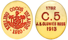 Australia, Keeling and Cocos Islands, plastic ivorine Five Cents, 1913, coat of arms centre with inscription KEELING COCOS ISLANDS around, series issu...