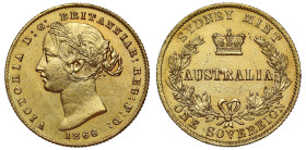 Australia, Victoria (1837-1901), Sovereign, 1866, Sydney mint, second young head left with wreath of banksia in hair, date below, toothed border surro...