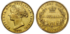 g Australia, Victoria (1837-1901), Sovereign, Sydney Mint, 1861, second type, second filleted head with a wreath of banksia left, date below, legend s...