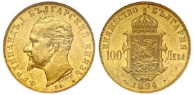 Bulgaria, Ferdinand I (1908-1918), gold 100 Leva 1894KB, bust left, rev. crowned ornate arms above date (KM.21). An example with pleasing rich gold co...