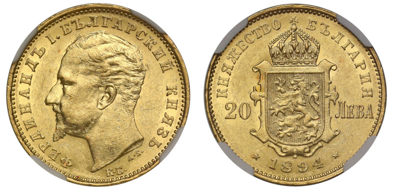 Bulgaria, Ferdinand I (1908-1918), gold Twenty Leva, 1894KB, head left, rev. cro...