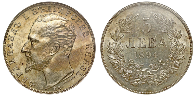 Bulgaria, Ferdinand I (1908-1918), Five Leva, 1894KB, head left, rev. value and ...
