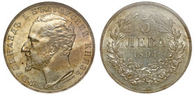 Bulgaria, Ferdinand I (1908-1918), Five Leva, 1894KB, head left, rev. value and date within wreath of rose, laurel and wheat (KM.18). Graded by NGC as...