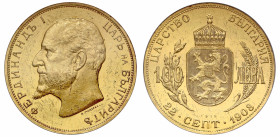 Bulgaria, Original, gold 100 Leva, date 1912, issued for the declaration of independence (22 September 1908), bust left, rev. crowned shield of arms w...