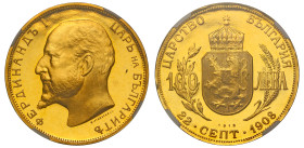 Bulgaria, Republic, gold proof restrike 100 Leva, dated 1912, issued for the declaration of independence (22 September 1908), bust left, rev. crowned ...