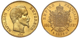 France, Napoleon III (1848-1852), gold 100 Francs, 1858A, Paris mint, NAPOLEON III EMPEREUR, head right, rev. crowned mantle arms dividing denominatio...