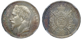 France, Napoleon III, Five Francs, 1867BB, Paris mint, NAPOLEON III EMPEREUR, laur. Head left, rev. EMPIRE FRANCAIS, crowned and mantled arms divide v...