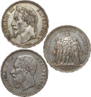 France, Five Francs, 1869BB, laur. head l., rev. crowned and mantled arms divide denomination (KM.799.2); France, Five Francs. 1873A, Hercules group, ...
