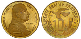 France, Fifth Republic, light bronze Pattern Ten Francs, 1986, (unsigned) by Ian Rank-Broadley, REPUBLIQUE FRANCAISE ROBERT SCHUMAN 1986, rev. LIBERTÉ...