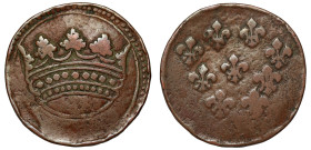 French India, Pondicherry Fanon (Two Sols), undated (1723), crown with 9 globules to crown, rev. 9 small fleur de lis (KM.42). A nice example of a rar...