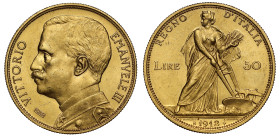 Italy, Vittorio Emanuele III, gold Fifty Lire, 1912R, VITTORIO EMANVELLE III, bust left, rev. Female figure with plow (KM.49). Graded by NGC as Mint S...