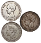 Spain, Alfonso XIII, Five Pesetas, 1888 MP M, toddler head left, rev. crowned arms, pillars, value below (KM.689); Spain, Alfonso XIII, Five Pesetas, ...