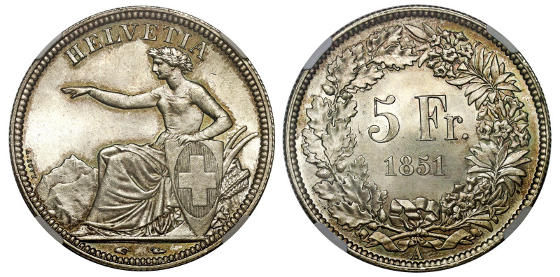 Switzerland, silver Five Francs, 1851A, seated Helvetia, rev. value and date wit...