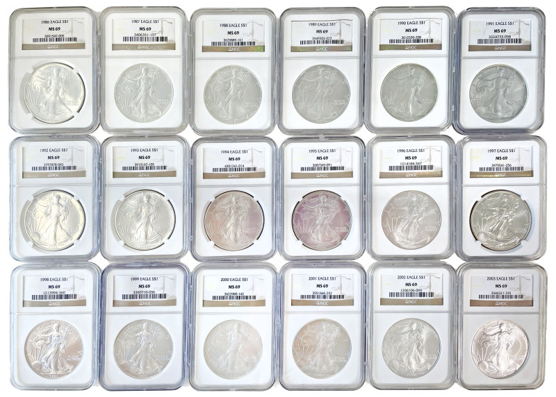 USA, silver Eagle Dollars (36), a full date run from 1986-2021 (KM.273). All gra...