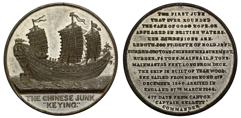 Chinese interest, Voyage of the Chinese Junk Keying, 1848, white metal medal by ...