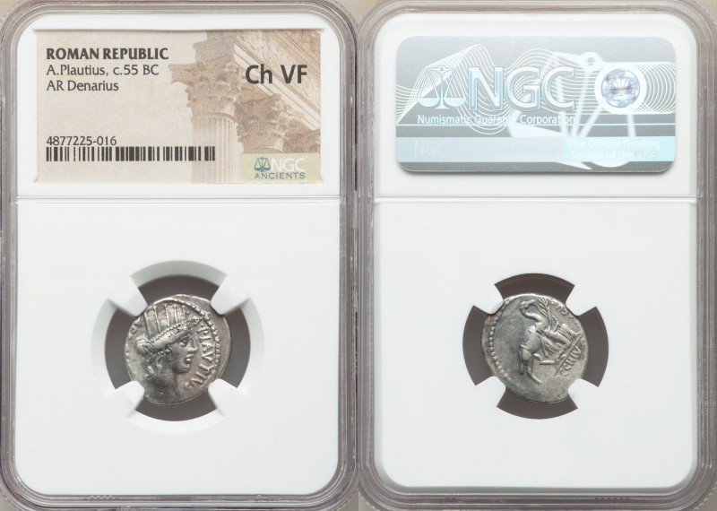 A. Plautius Aed. Cvr (55 BC). AR denarius (17mm, 10h). NGC Choice VF. Rome. A•PL...