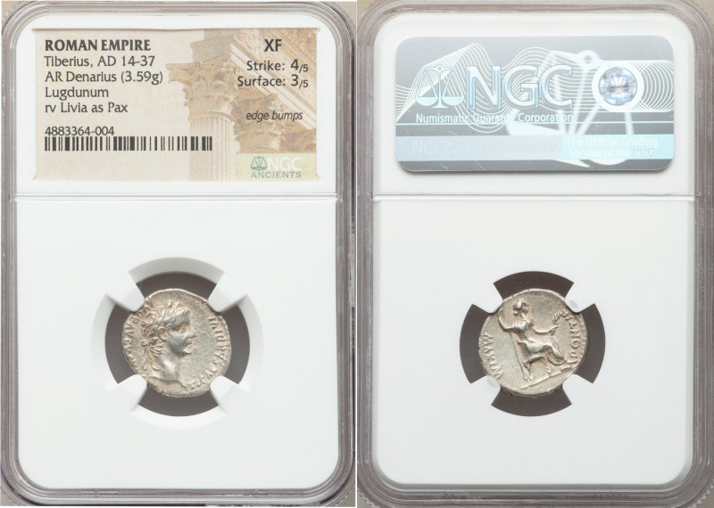 Tiberius (AD 14-37). AR denarius (19mm, 3.59 gm, 11h). NGC XF 4/5 - 3/5, edge bu...