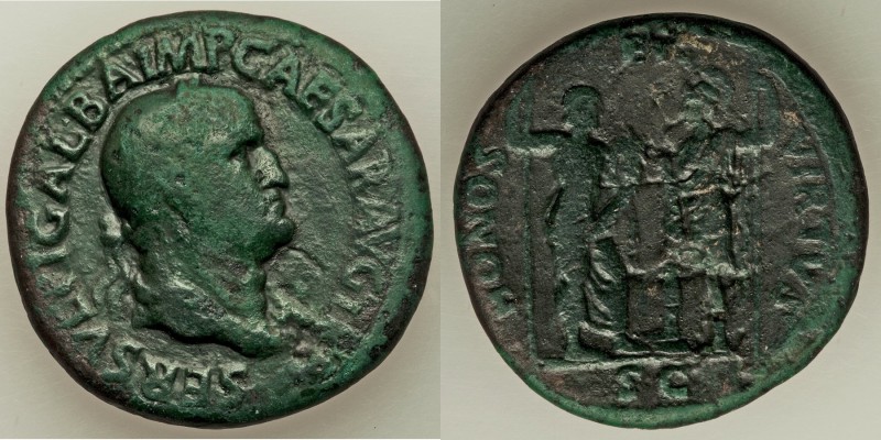 Galba (AD 68-69). AE sestertius (34mm, 22.51 gm, 7h). Fine, smoothed. Rome, Dece...