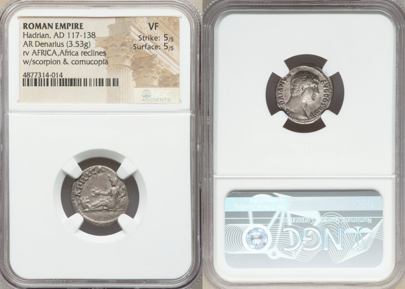 Hadrian (AD 117-138). AR denarius (18mm, 3.53 gm, 7h). NGC VF 5/5 - 5/5. Rome, A...