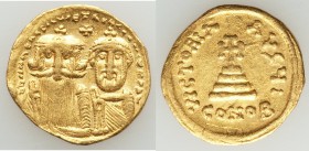 Heraclius (AD 610-641) and Heraclius Constantine. AV solidus (20mm, 4.26 gm, 6h). VF, scratches. Constantinople, 10th officina, ca. AD 629-631. d d N ...