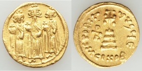 Heraclius (AD 610-641), with Heraclius Constantine and Heraclonas. AV solidus (19mm, 4.44 gm, 6h). VF, edge marks. Constantinople, 5th officina, ca. A...