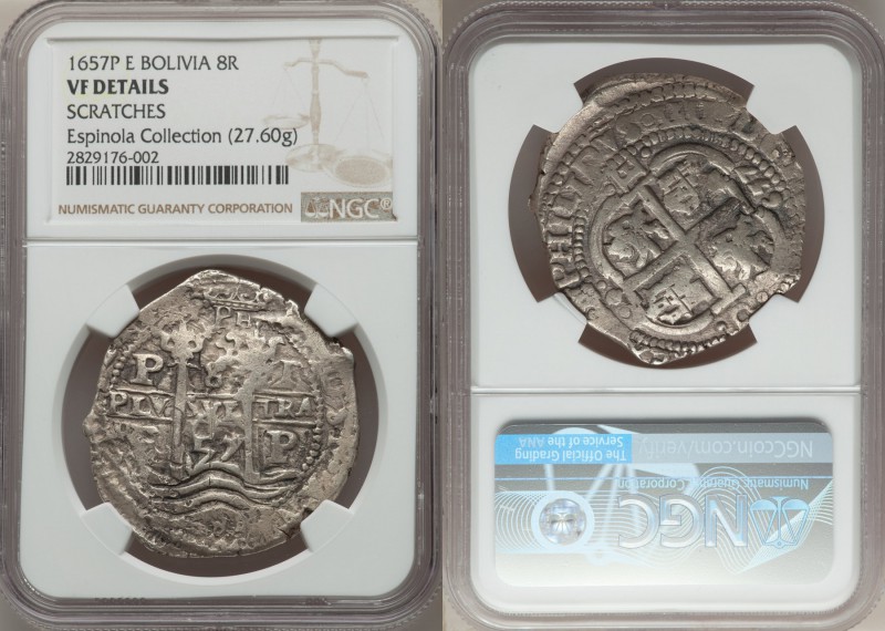 Philip IV Cob 8 Reales 1657 P-E VF Details (Scratches) NGC, Potosi mint, KM21.

...