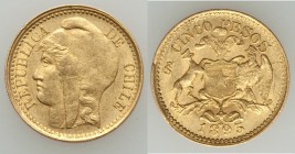 Republic gold 5 Pesos 1895-So AU (surface hairlines), Santiago mint, KM153. 17mm. 2.86gm. AGW 0.0883 oz. 

HID09801242017
