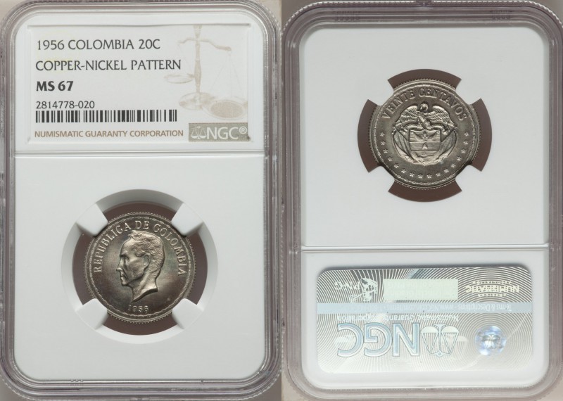 Republic copper-nickel Pattern 20 Centavos 1956 MS67 NGC, KM-PnA105. Finest exam...