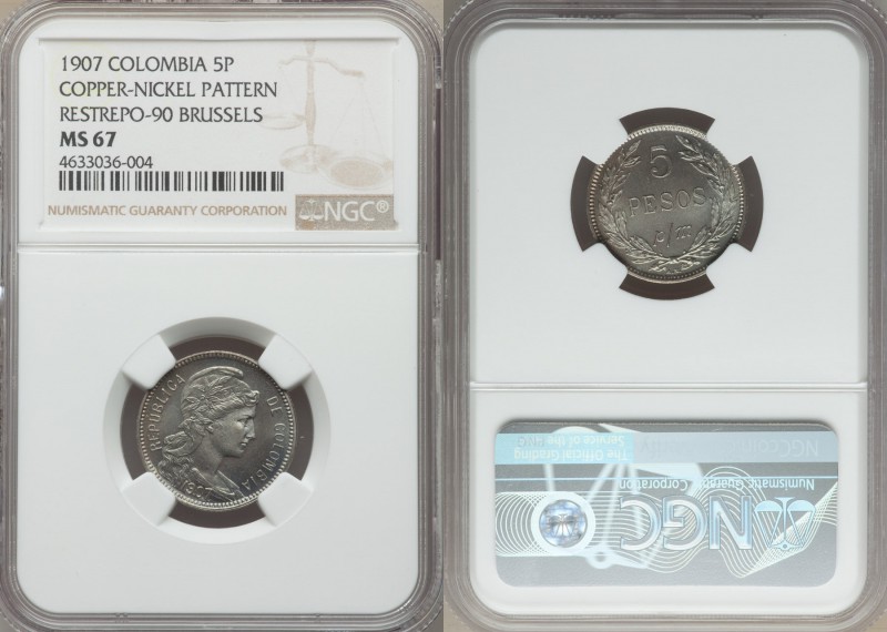 Republic copper-nickel Pattern 5 Pesos 1907 MS67 NGC, Brussels mint, Restrepo-90...