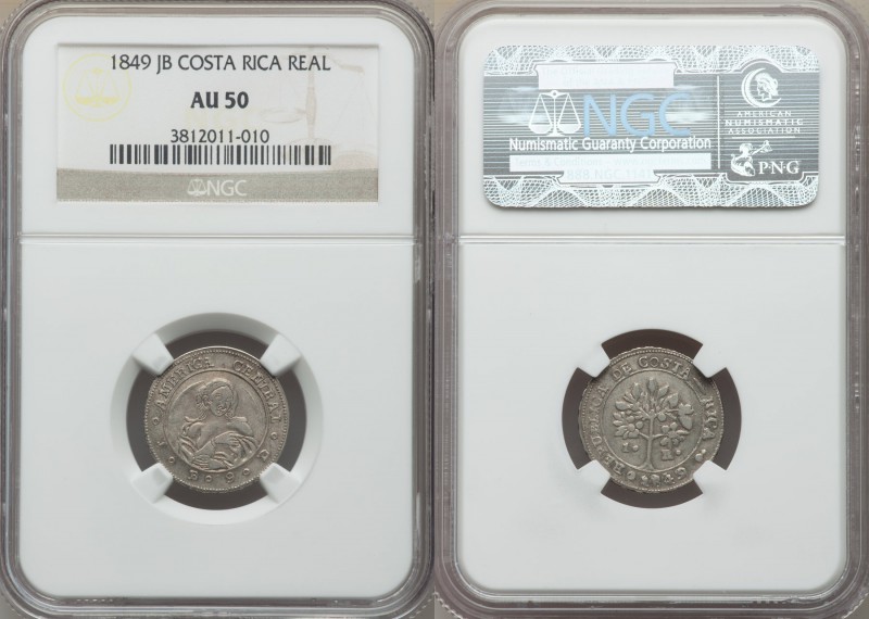 Republic Real 1849-JB AU50 NGC, San Jose mint, KM66. Scarce coin in this state o...