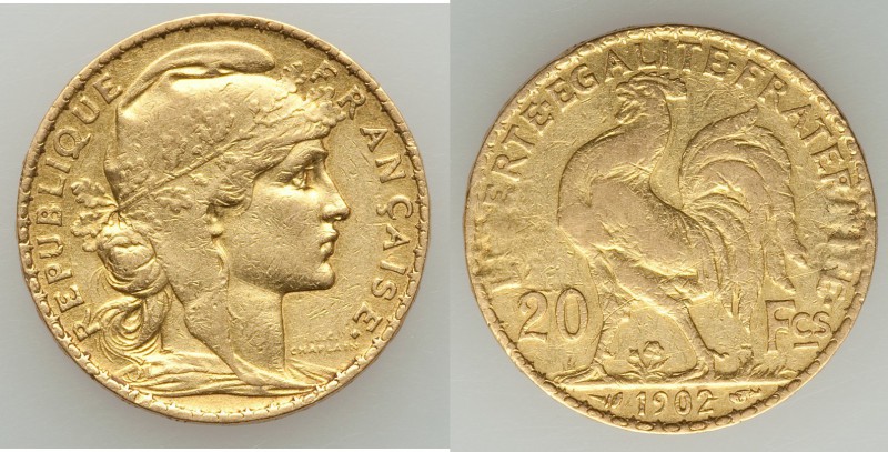 Republic gold 20 Francs 1902-A VF (cleaned), Paris mint, KM847. 21mm. 6.38gm. AG...