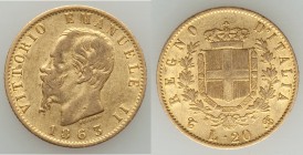 Vittorio Emmanuele II gold 20 Lire 1863 T-BN VF, Turin mint, KM10.1. 21mm. 6.40gm. AGW 0.1867 oz. 

HID09801242017