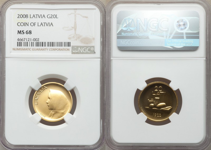 Republic gold 20 Lati 2008 MS68 NGC, Vienna mint, KM96. AGW 0.3212 oz. 

HID0980...