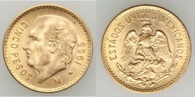 Estados Unidos gold 5 Pesos 1955-M UNC, Mexico City mint, KM464. 19mm. 4.19gm. AGW 0.1206 oz. 

HID09801242017
