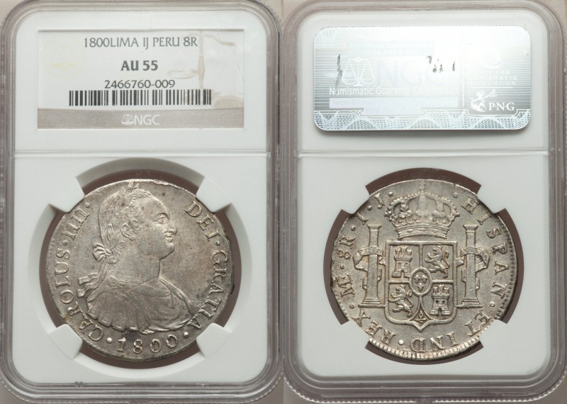 Charles IV 8 Reales 1800 LM-IJ AU55 NGC, Lima mint, KM97. Obverse very well stru...