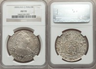 Charles IV 8 Reales 1800 LM-IJ AU55 NGC, Lima mint, KM97. Obverse very well struck and displaying nice luster both sides. 

HID09801242017