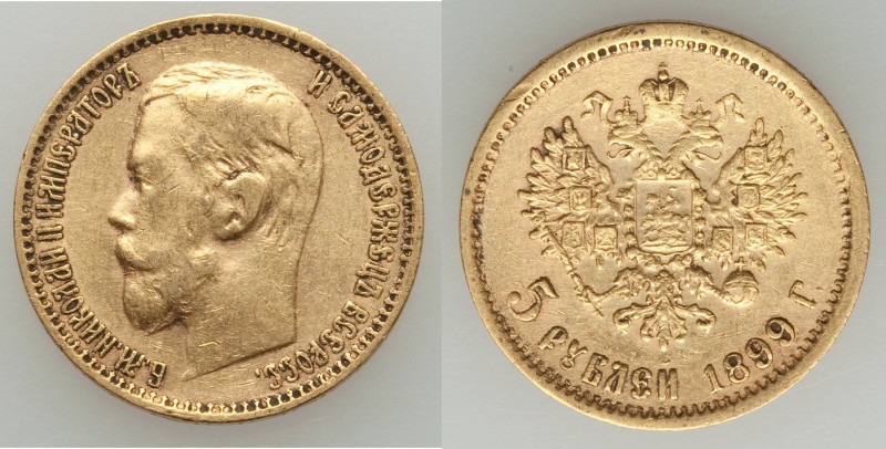 Nicholas II gold 5 Roubles 1899-ΦЗ VF (cleaned), St. Petersburg mint, KM-Y62. 19...