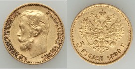 Nicholas II gold 5 Roubles 1899-ΦЗ About XF (surface hairlines), St. Petersburg mint, KM-Y62. 19mm. 4.25gm. AGW 0.1245 oz. 

HID09801242017
