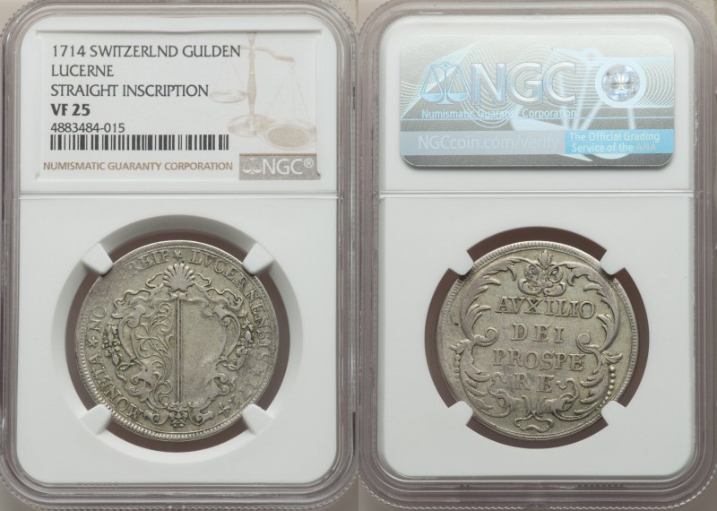 Lucerne. Canton Gulden 1714 VF25 NGC, KM47. Variety with straight inscription on...