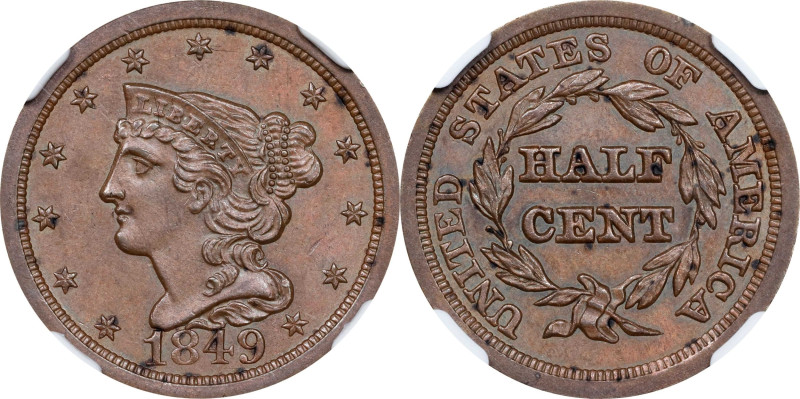 1849 Braided Hair Half Cent. C-1. Rarity-1. Large Date. MS-64 BN (NGC).

PCGS#...