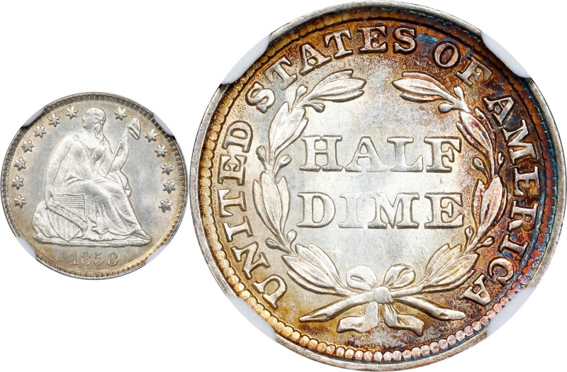 1858 Liberty Seated Half Dime. MS-64 (NGC).

PCGS# 4367. NGC ID: 233U.