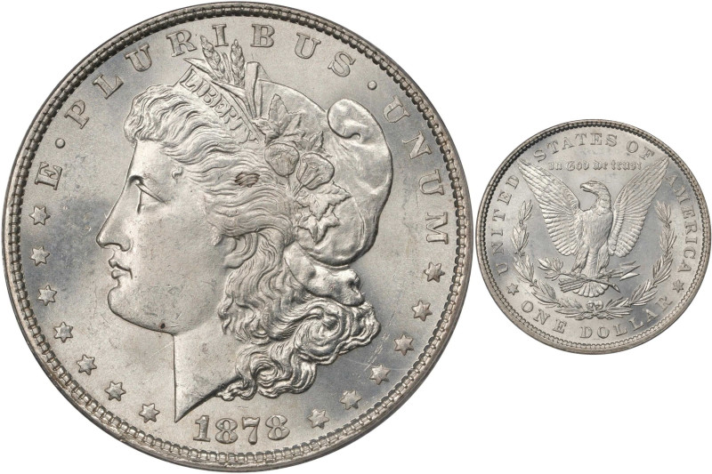 1878 Morgan Silver Dollar. 7 Tailfeathers. Reverse of 1879. MS-64 (ANACS).

PC...