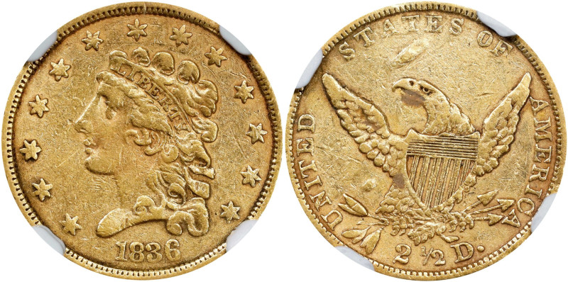 1836 Classic Head Quarter Eagle. HM-1. Rarity-3. Large Head, Block 8. EF Details...