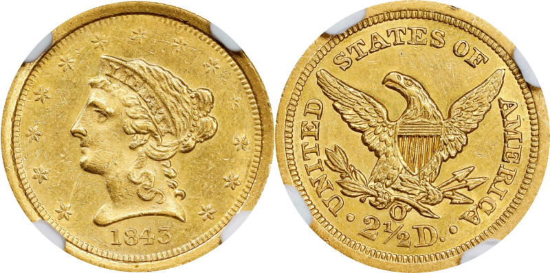 1843-O Liberty Head Quarter Eagle. Small Date. Crosslet 4. Winter-1. AU Details-...