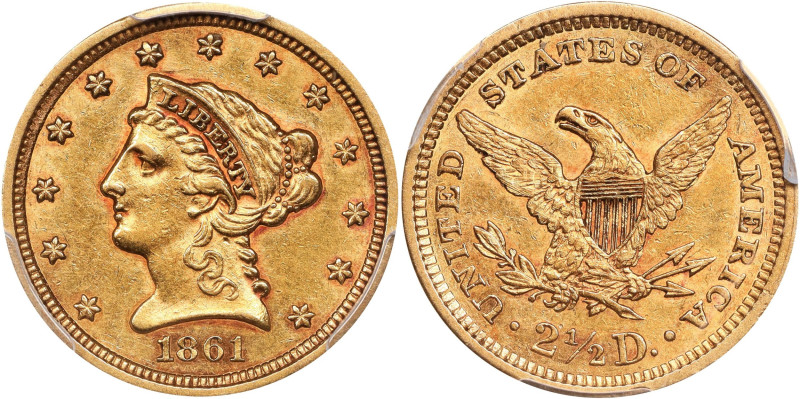 1861 Liberty Head Quarter Eagle. Type II Reverse. AU-55 (PCGS).

PCGS# 7794. N...