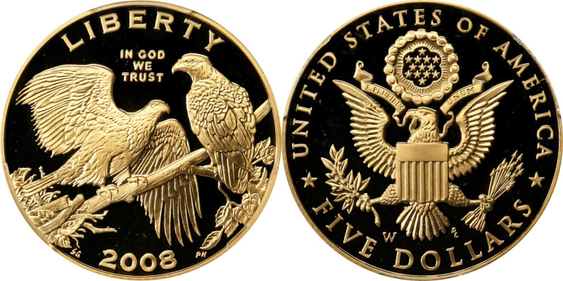 2008-W Bald Eagle Recovery and National Emblem Gold $5. Proof-70 Deep Cameo (PCG...